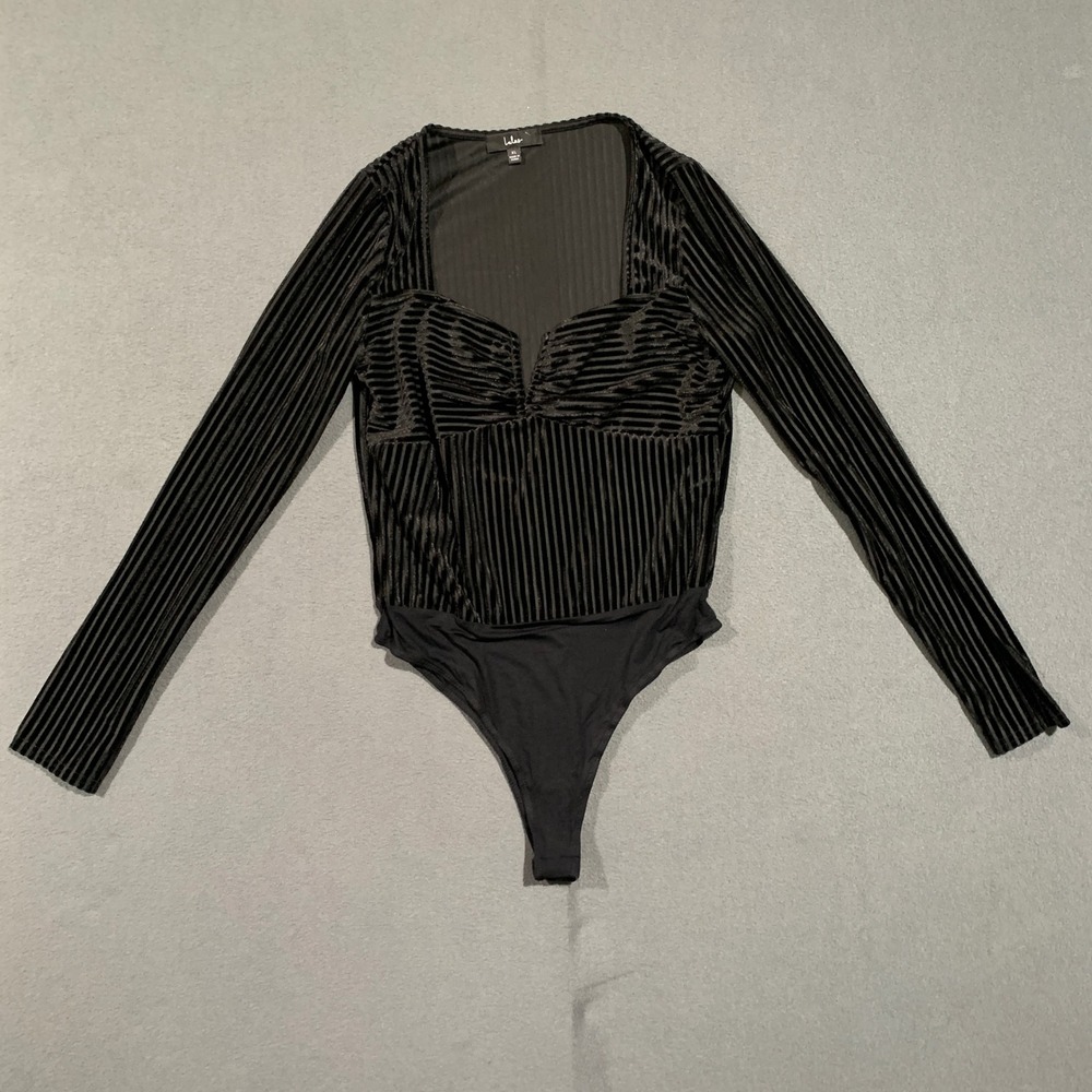 Lulus Black‎ Velvet Striped Sweetheart Neckline Long Sleeve Thong Bodysuit XL